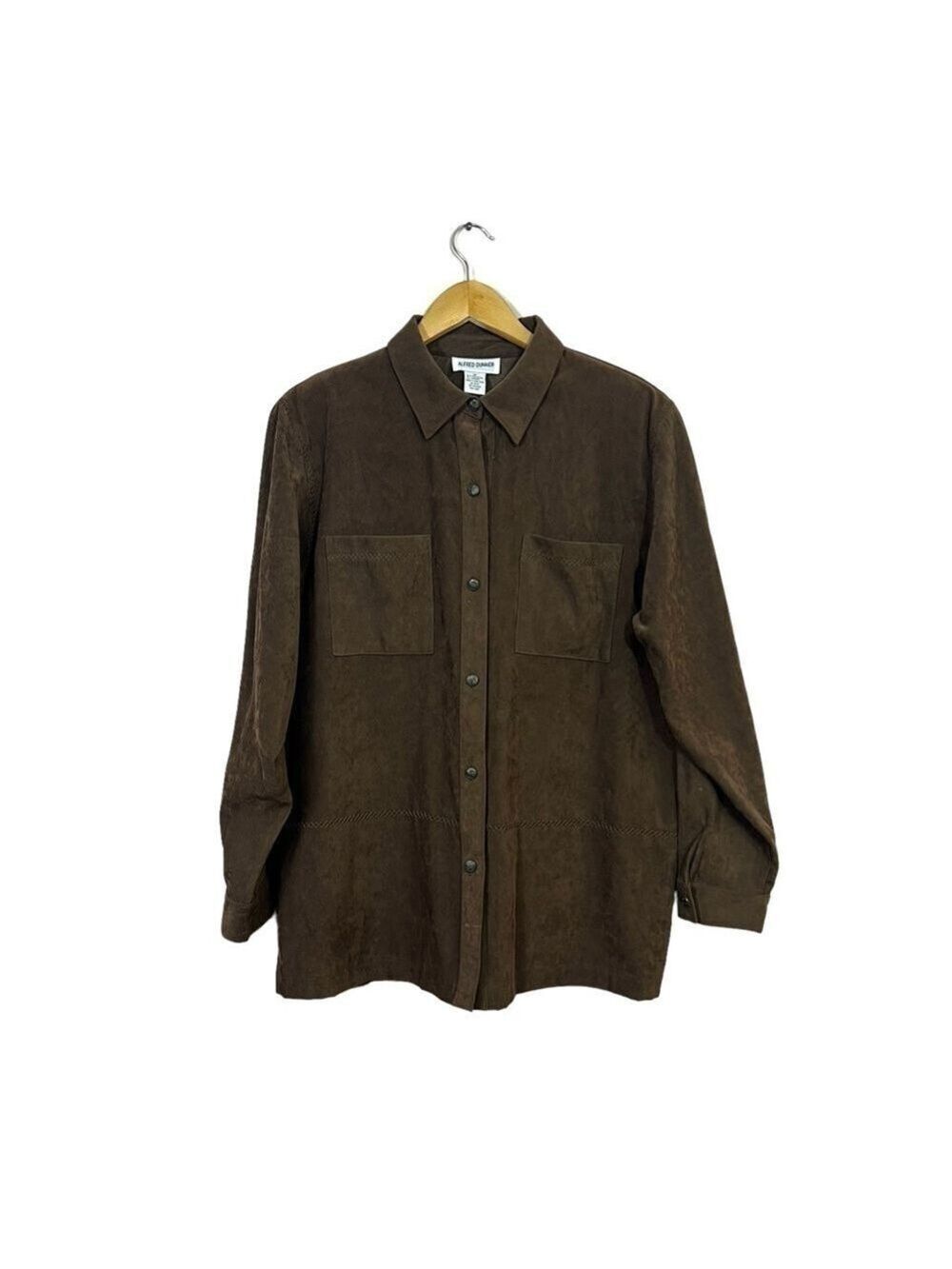 Alfred Dunner Faux Suede Button Down Shirt Top Blouse Size 14 Womens Brown